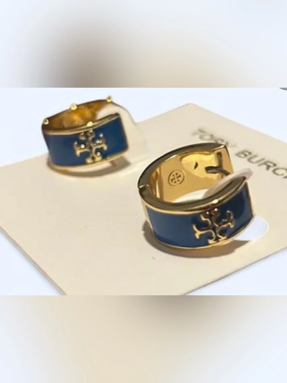 Tory Burch Gold-Tone and Teal Enamel Hoop Huggie Earrings New